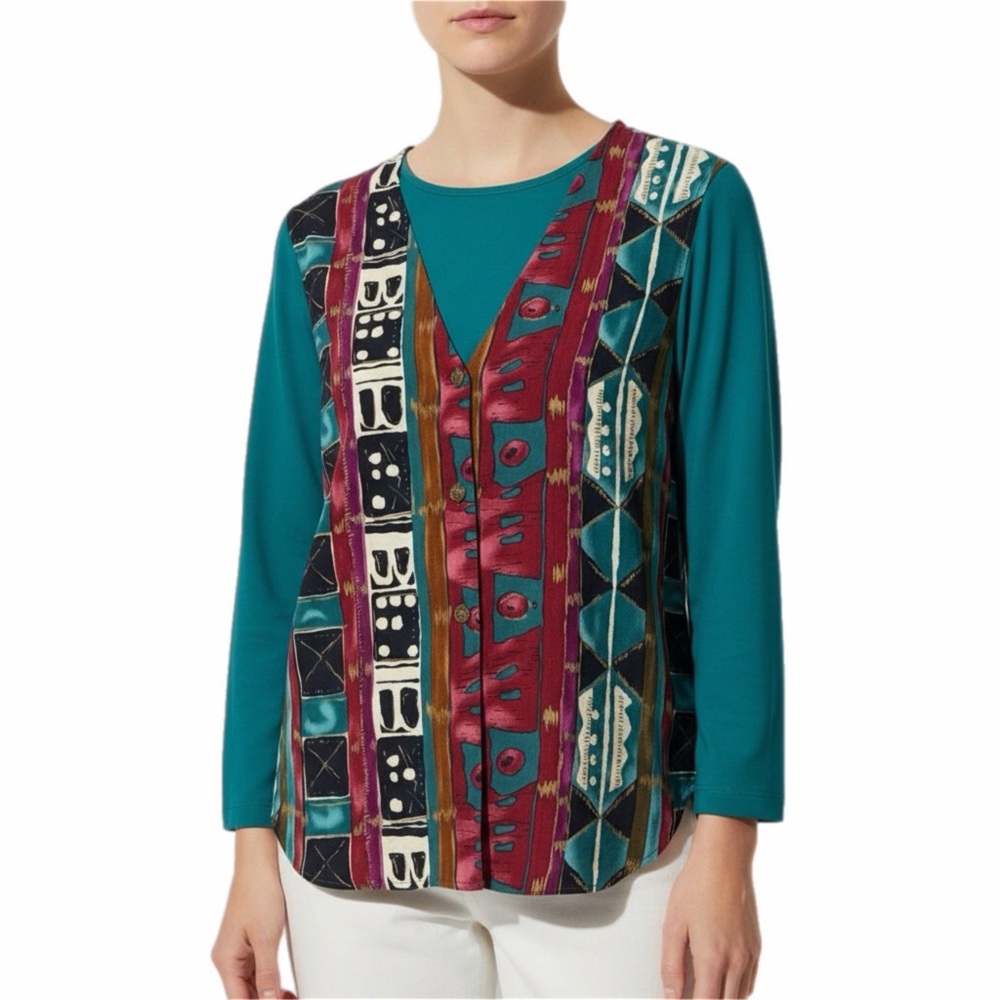 Silver Threads Top Womens 2X 20W Teal Vest Abstract Western Artsy Eclectic VTG